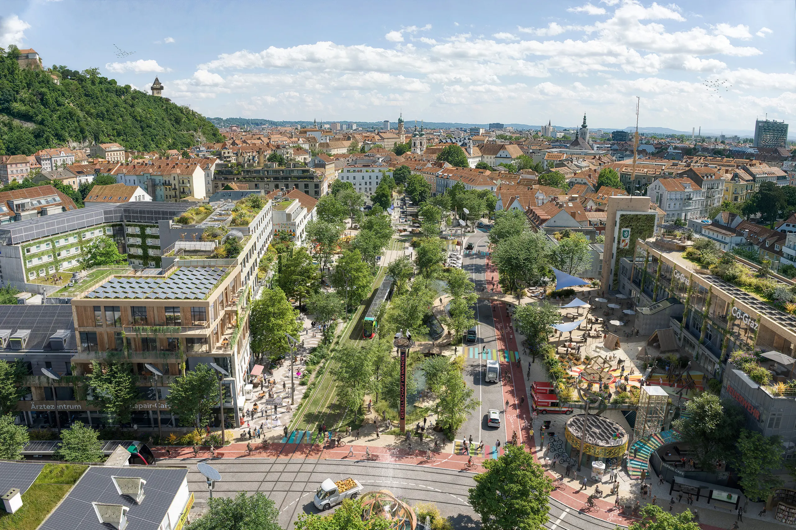Zukunftsvision des Lendplatzes in Graz 2045 – grüne, verkehrsberuhigte Innenstadt mit begrünten Gebäuden, neuen Radwegen, urbanen Parks und nachhaltiger Architektur.