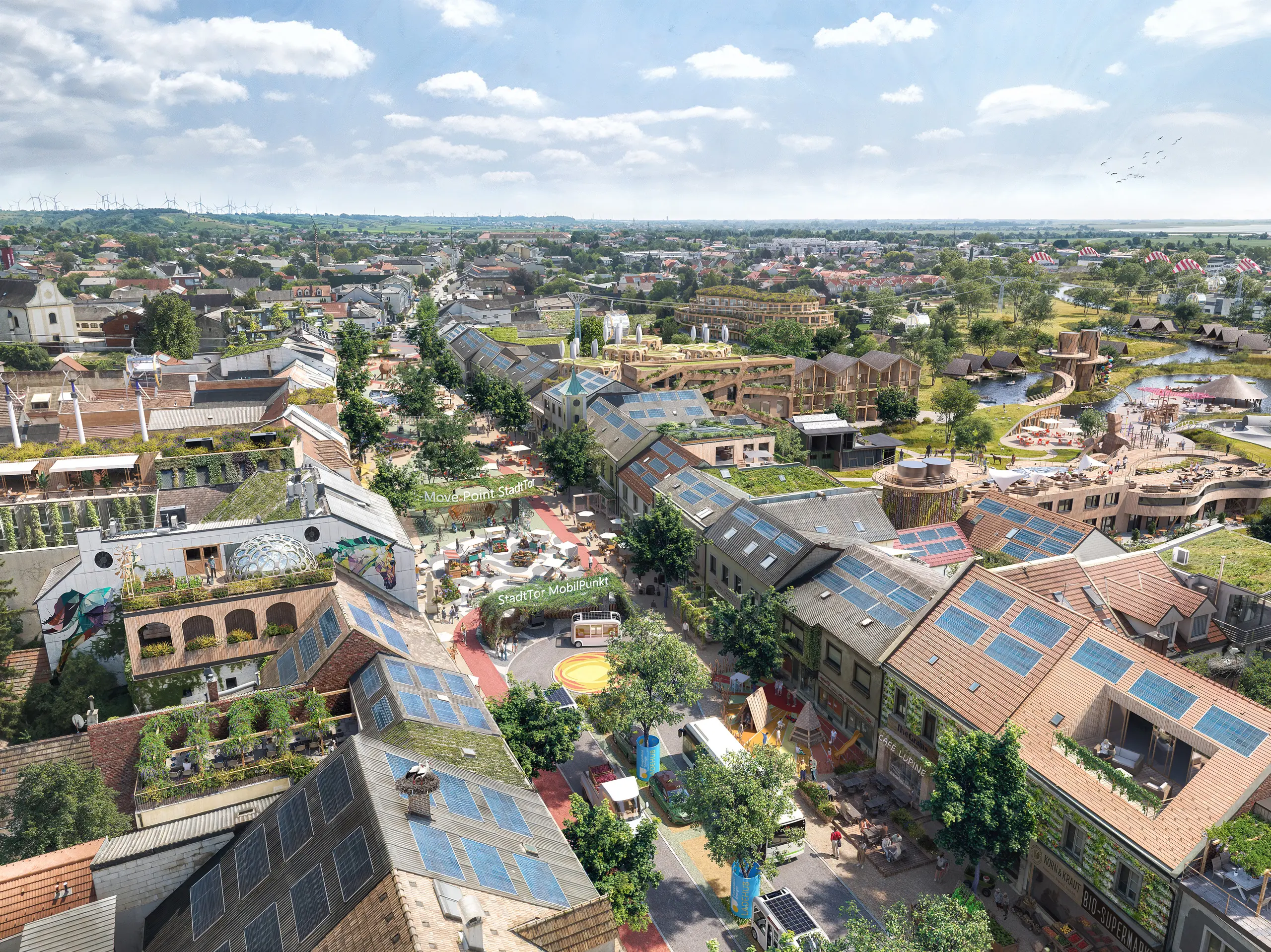 Zukunftsvision von Neusiedl am See 2045 – nachhaltiges Stadtzentrum mit begrünten Dächern, autofreien Bereichen, urbaner Landwirtschaft und gemeinschaftlichen Freizeitflächen.