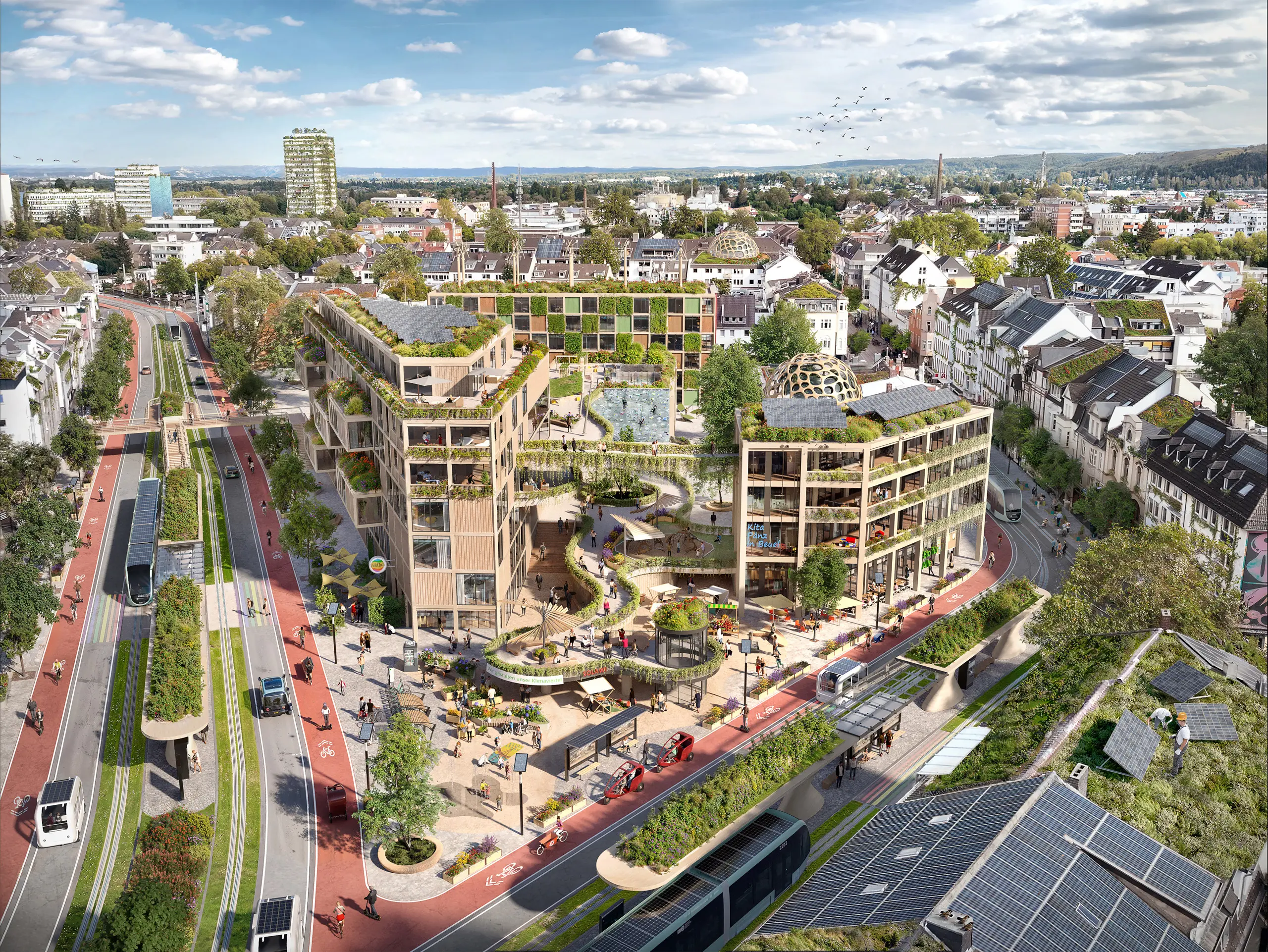 Bonn-Beuel 2045: Nachhaltiges Stadtquartier mit gemischter Nutzung, begrünten Gebäuden, erneuerbarer Energie, Radwegen und öffentlichen Aufenthaltsflächen.